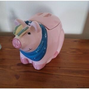 Coco Dowley Ceramic pig cookie jar pink country handkerchief butterfly cottage
